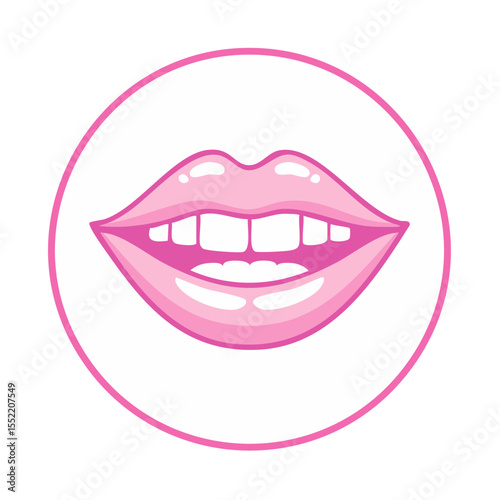 Pink lips and white teeth cartoon graphic illustration in a circle. Perfect smile, mouth expression, lips gloss, beauty and health conceptual art.