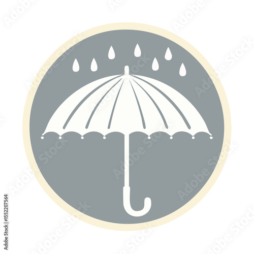 Vector icon illustration featuring a white umbrella and falling raindrops set on a grey circular background weather protection concept