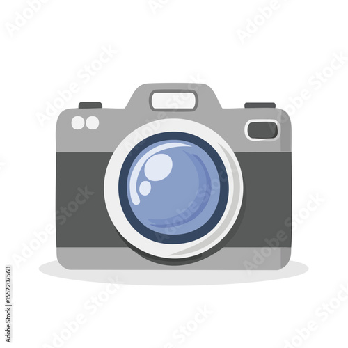 Illustration of a modern digital single-lens reflex camera with a large blue lens