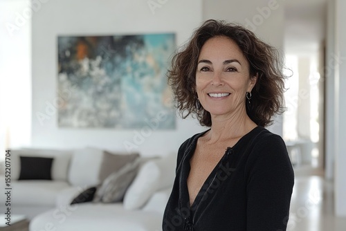 Positive inviting photo of Caucasian woman in modern living room. Perfect for illustrating topics like self confidence, modern interiors and family focused campaigns Free Download Positive inviting photo of Caucasian woman in modern living room. Perfect for illustrating topics like self confidence, modern interiors and family focused campaigns - GFXLoad