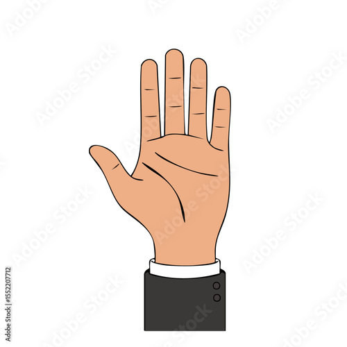 Cartoon hand in a suit raising palm up with fingers extended in flat design style on a black background.