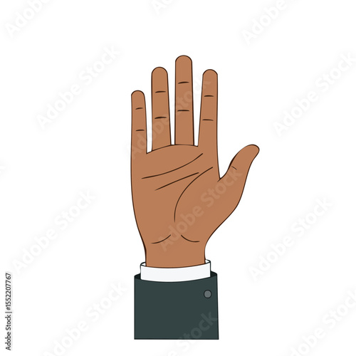 Illustrated hand raised in stop gesture with a business suit sleeve on a solid black background