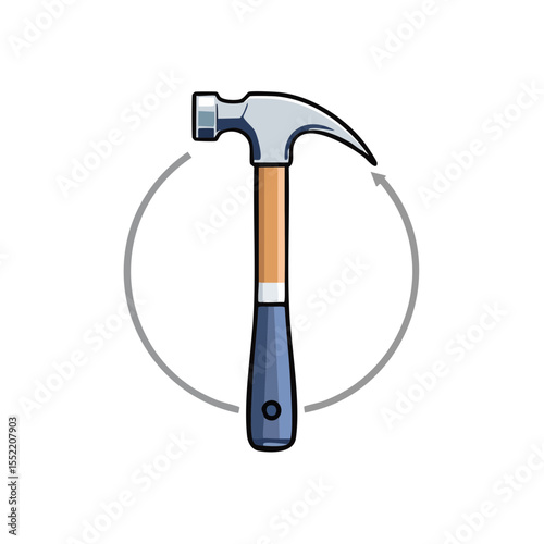 Cartoon hammer with arrow circle, construction or repair tool concept on black background