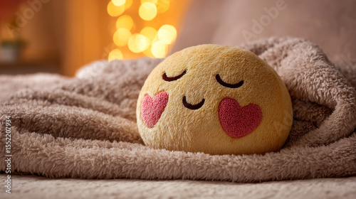 Cute plush toy with a smiling face and heart-shaped cheeks resting on a cozy blanket with warm bokeh lights in the background