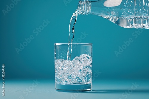 Close-up shot of fresh water being poured from clear bottle into transparent glass against vibrant blue background