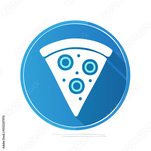 Pizza slice graphic icon on blue gradient circle for fast food restaurant or pizzeria marketing and branding vector illustration