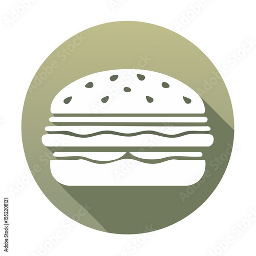 Burger icon illustration on olive colored circle Simple food icon fast food vector with shadow Delicious burger isolated graphic