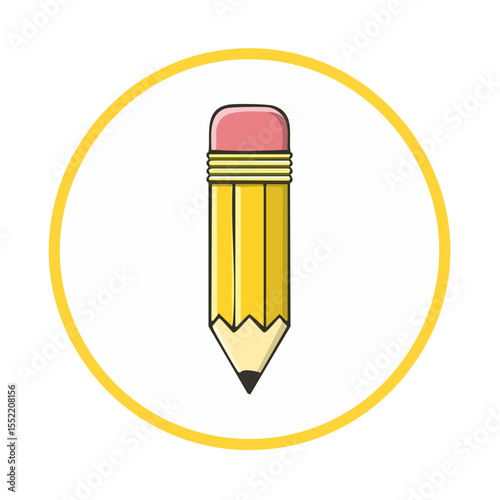 Cartoon pencil illustration for education stationery concept featuring yellow lead pink eraser on white background in a circle