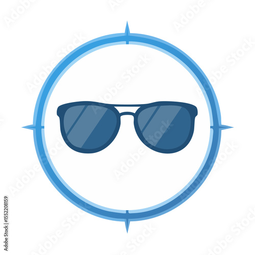 Blue Sunglasses in a Circular Compass Graphic Illustration Vacation and Travel Concept