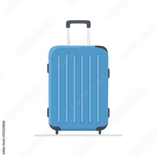 Blue suitcase for travelling with extendable handle and wheels on black background ready for vacation or business trip