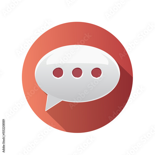 Illustration of a white speech bubble with ellipsis on a pink circle background. Symbol of dialogue, message and comment, for social media and web design.