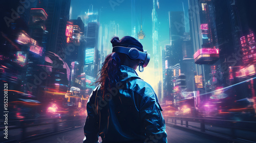 A vibrant cyberpunk cityscape glowing with neon lights and glitch effects.