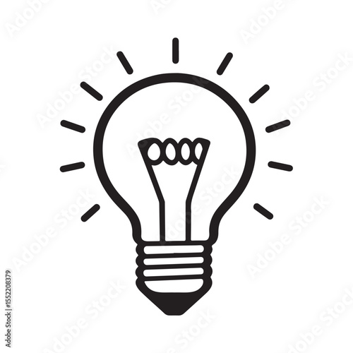 Bright Light Bulb silhouette, black and white drawing of a light bulb on a white background, Simple black outline drawing of a lightbulb