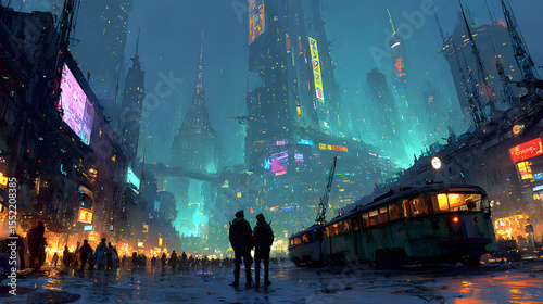 A vibrant cyberpunk cityscape glowing with neon lights and glitch effects.