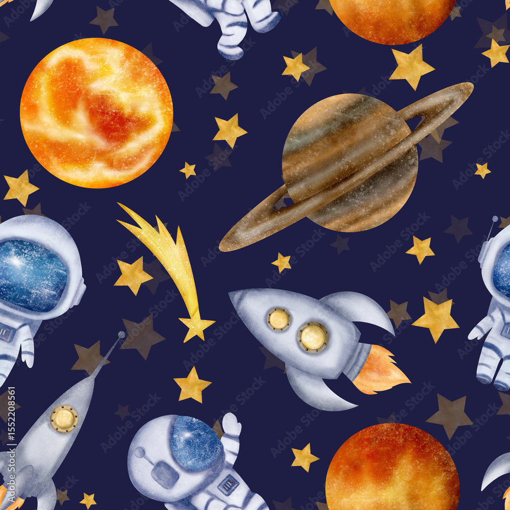 Naklejka premium Astronaut, space rockets, spaceships, stars, Sun. Saturn. Venus, shooting star, clouds, seamless pattern. Watercolor digital illustration. Cute for the kids design, decoration of clothes, textile