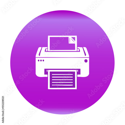 White printer icon on purple circle prints paper sheet, office equipment, vector design