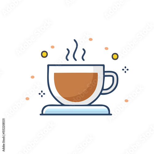 Stylized Steaming Coffee Cup Icon on Black Background with Dotted Design Element