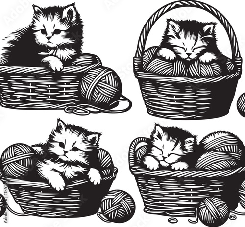 Three adorable kittens play with yarn in charming woven baskets, creating a heartwarming and playful feline scene.