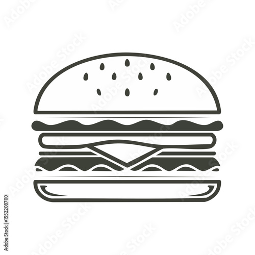 Simple Monochrome Burger Illustration Featuring Sesame Seed Bun Cheese Patty Lettuce and Condiments