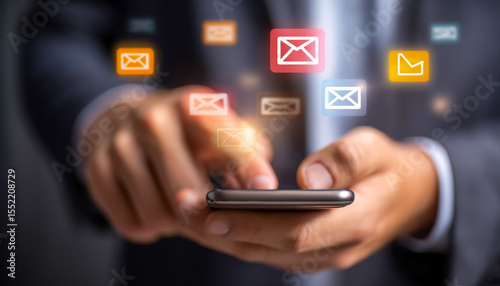 Person using smartphone to send emails with floating message icons