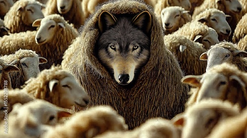 Spiritual concept of a wolf in sheep’s clothing symbolizing false prophets, deception, and the battle between truth and illusion.