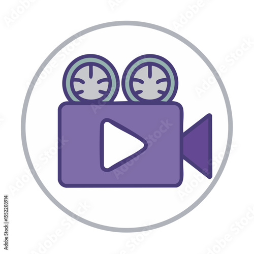 Purple Vintage Movie Camera Icon with Reels and Play Button on a White Round Badge