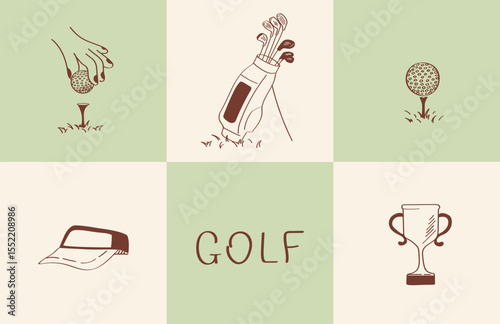A collection of 6 golf icons: ball, trophy, cap, bag and putting green in doodle style. Perfect for infographics, social posts, presentations or branding kits.