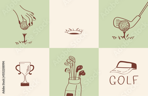 6 minimalist golf icons in hand drawn doodle style. Great for infographics, mobile app icons, sports brochures or club presentations.
