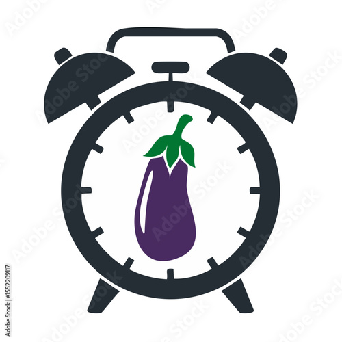 Alarm Clock Featuring Eggplant Inside the Face Illustration Time for Healthy Vegetables
