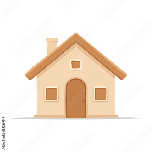 Illustration of a Simple Beige House with Brown Trimmed Roof, Door and Windows