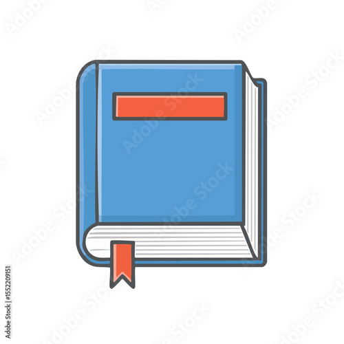 Illustration of an open book with bookmark. Light blue hardback book with light gray pages and an orange bookmark.