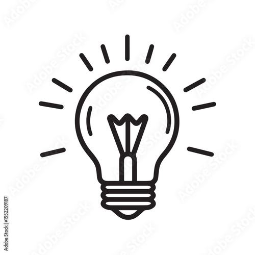 Bright Light Bulb silhouette, black and white drawing of a light bulb on a white background, Simple black outline drawing of a lightbulb
