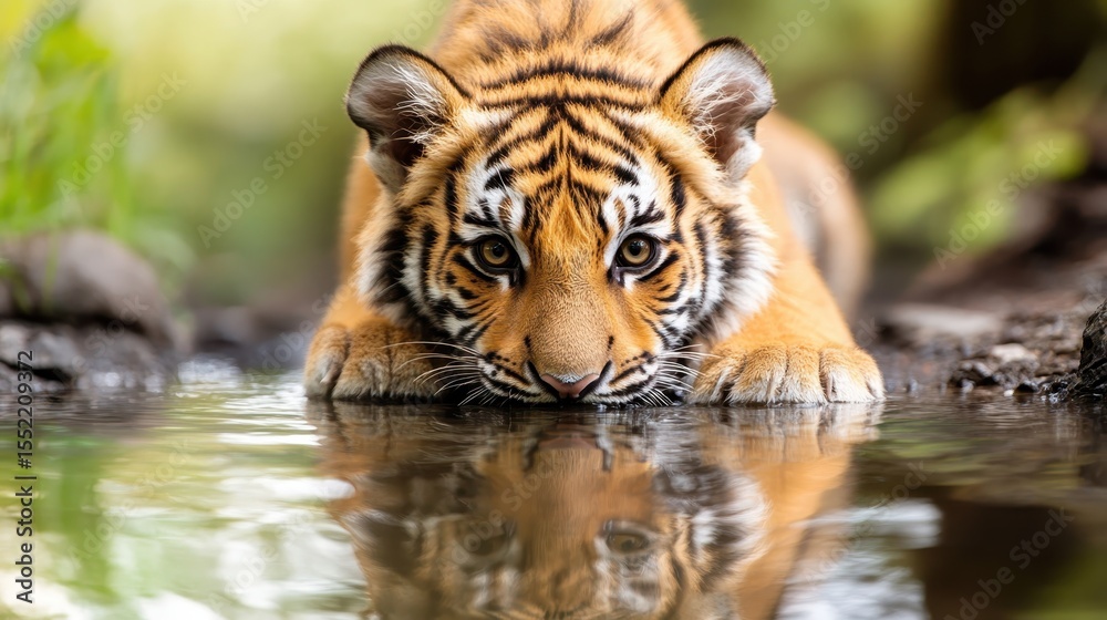 Fototapeta premium A mesmerizing tiger cub gazing at its reflection in the water, representing the raw beauty of nature and wildlife, ideal for projects focused on conservation and animal themes.