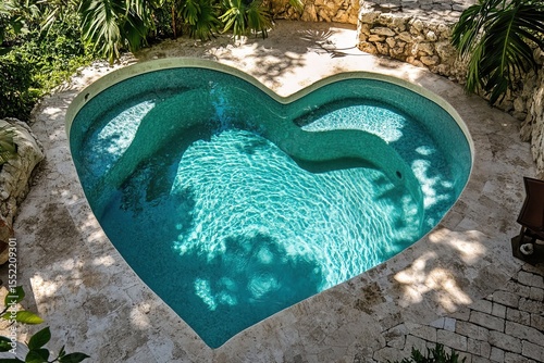 Minimalistic top down image of heart shaped pool in serene resort setting, ideal for lifestyle blogs, hotel advertising and summer escape visuals photo
