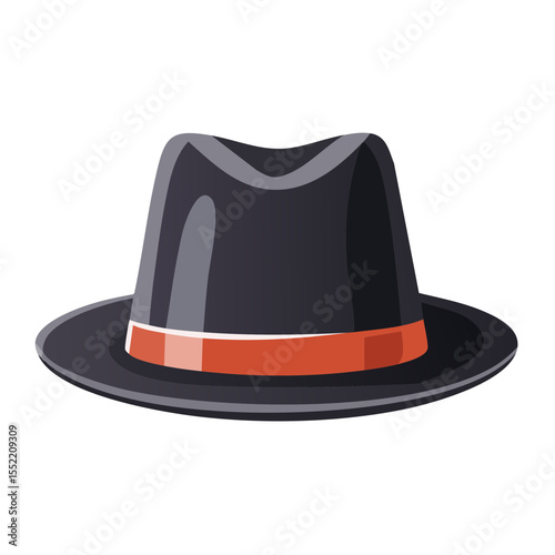 Illustration of classic fedora hat with orange band on black background, headwear accessory