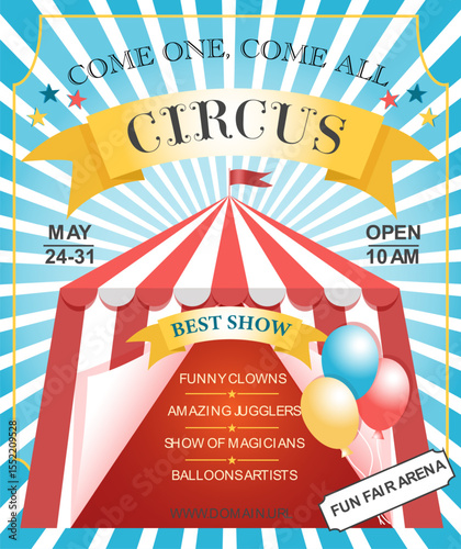 Circus show colorful poster with red tent