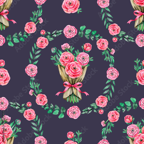 Seamless pattern with pink ranunculus flowers in vintage watercolor style