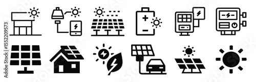 Solar Energy Icons – Renewable Power, Solar Panels, Battery, Charging Station, Eco-Friendly Vector Set. Collection of solar energy icons. solar, energy, renewable, power, sun, electricity