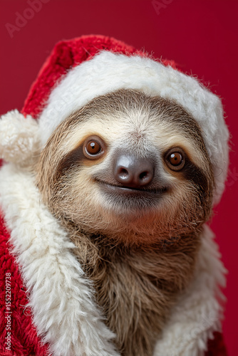 Cheerful sloth dressed in a festive Santa outfit with a red background, exuding holiday spirit and joy during the Christmas season
