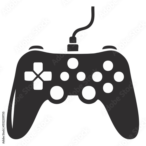 Isolated Black and White Gaming Controller Icon with Cable on Dark Background
