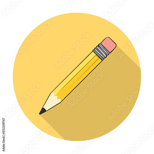 Yellow Pencil with Pink Eraser on Circle Background Icon Design for Education and Office Supplies  Writing and Drawing Tool with Shadow