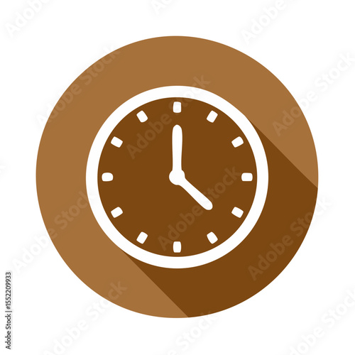 Stylized clock icon with hands and a long shadow on a brown circular background concept of time management and deadlines