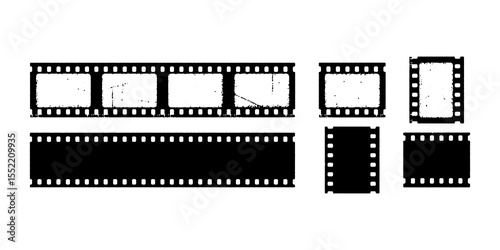 Trendy film strip frame templates set with empty slots, cinema reel with grunge grain noisy texture and scratches, vintage aesthetic design. Modern retro vector illustration