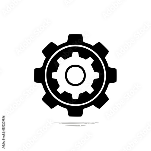 Isolated White Gear Icon in Circle Frame on Black Background, Mechanism Symbol