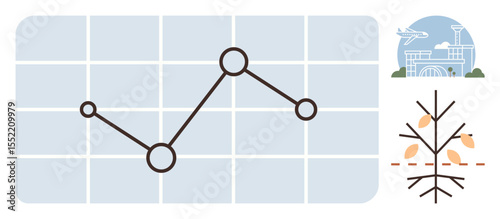 Line graph with grid for data analysis, airport with flying plane for transport, and tree with falling leaves for seasonality. Ideal for strategy, progress tracking, business growth, data