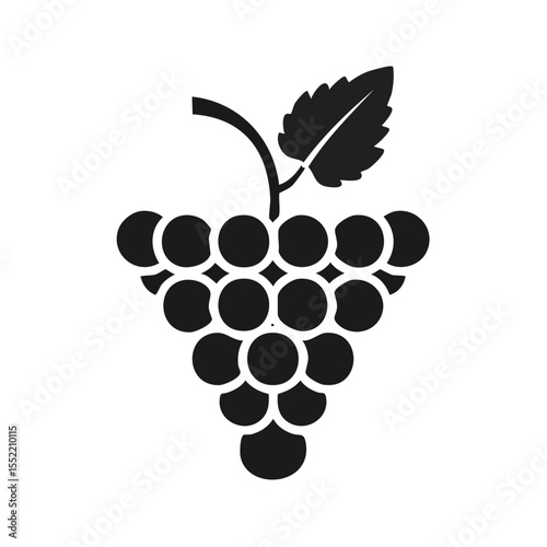Dark Silhouette of a Bunch of Grapes, Simple Shape with Leaf on Black Background