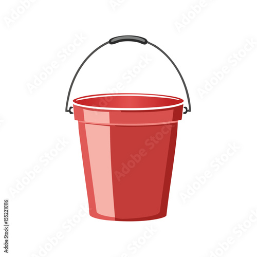 Bright red plastic bucket with black handle for cleaning or gardening on a dark background