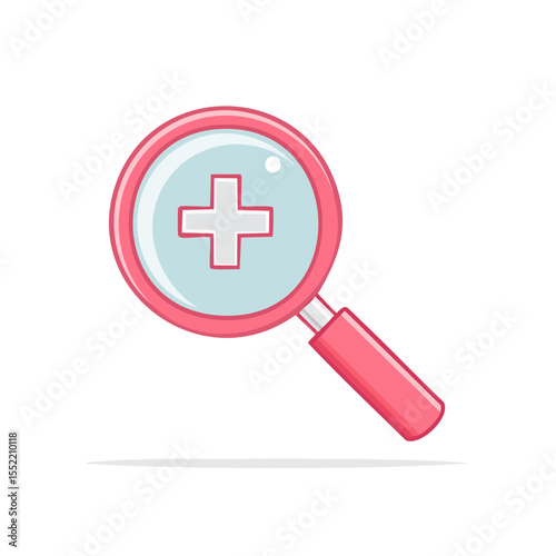 Magnifying glass with plus symbol in cartoon style on black background