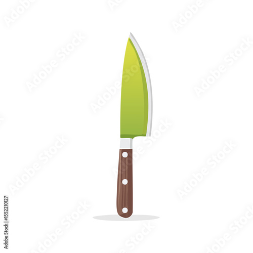 Isolated illustration of a chef's knife with a green blade and wooden handle on a black background