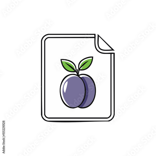 Plums Icon on File Document with Folded Corner, Simple Graphic Style on Black
